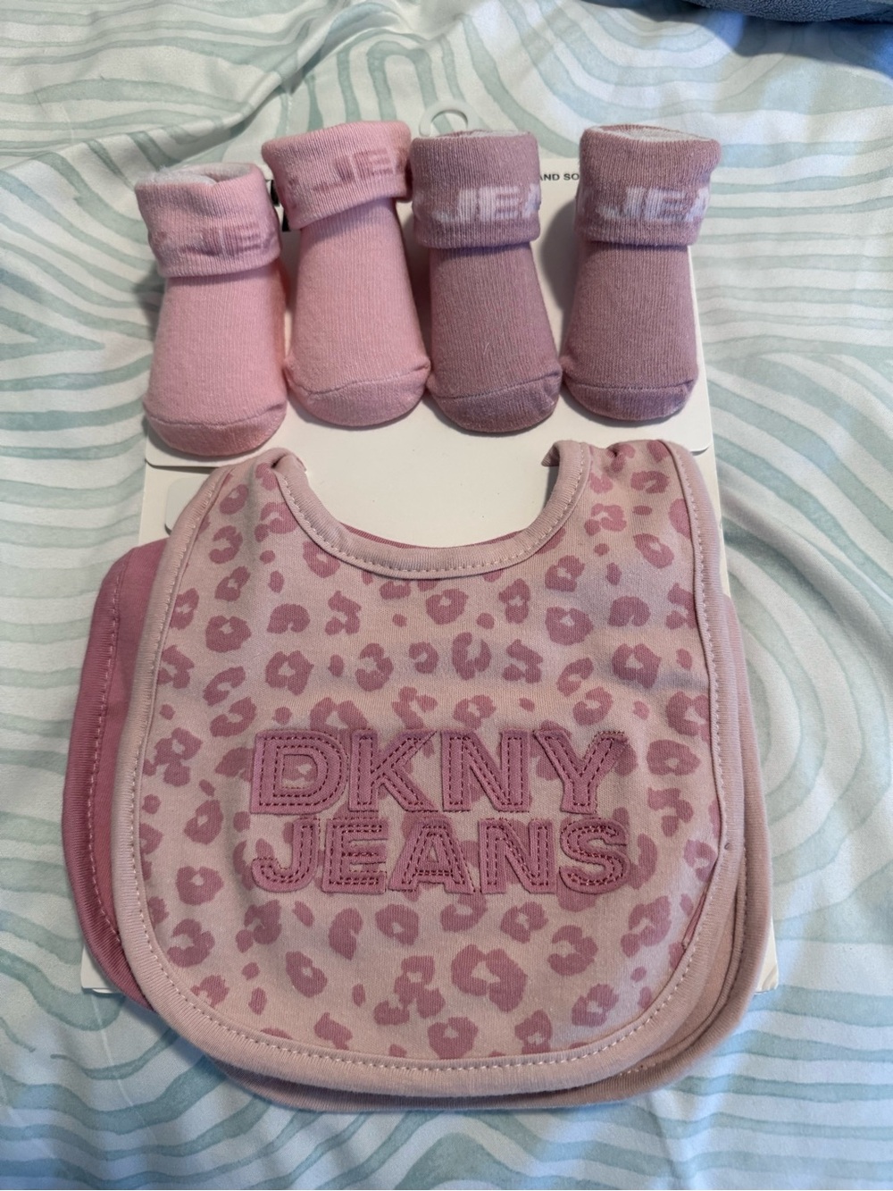 Dkny Pink Leopard Baby Bib with Matching Pink Sock Set BRAND NEW